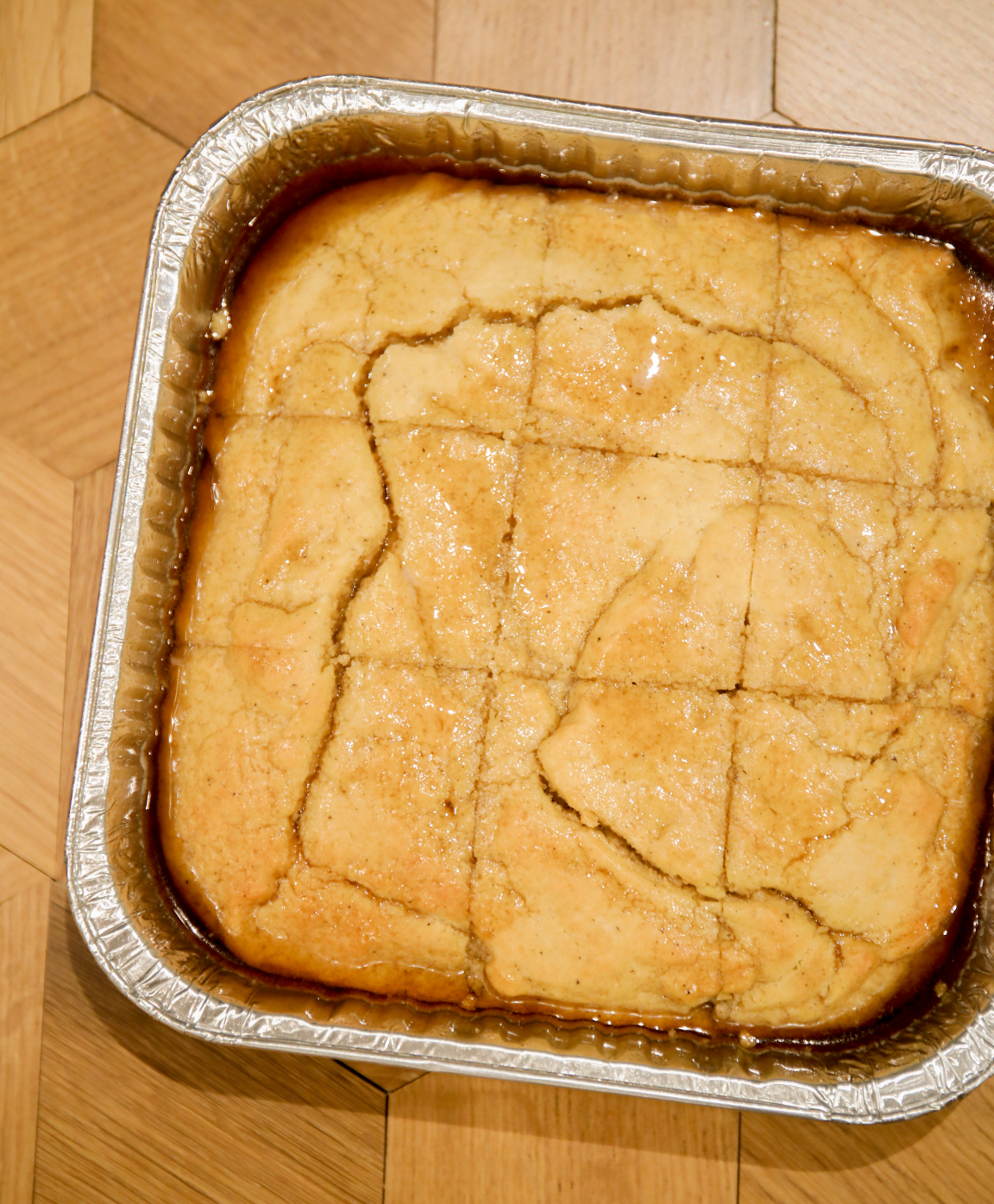 overhead of pancake bars in a baking pan.